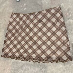 H&M Divided Brown Plaid Mesh Mini Skirt Y2K Sheer Lined Lettuce Hem